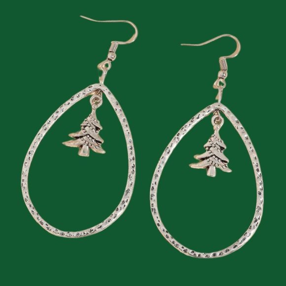 Christmas Antique/Hammered Silver  Tree Drop Earrings -Hoops - Picture 2 of 5